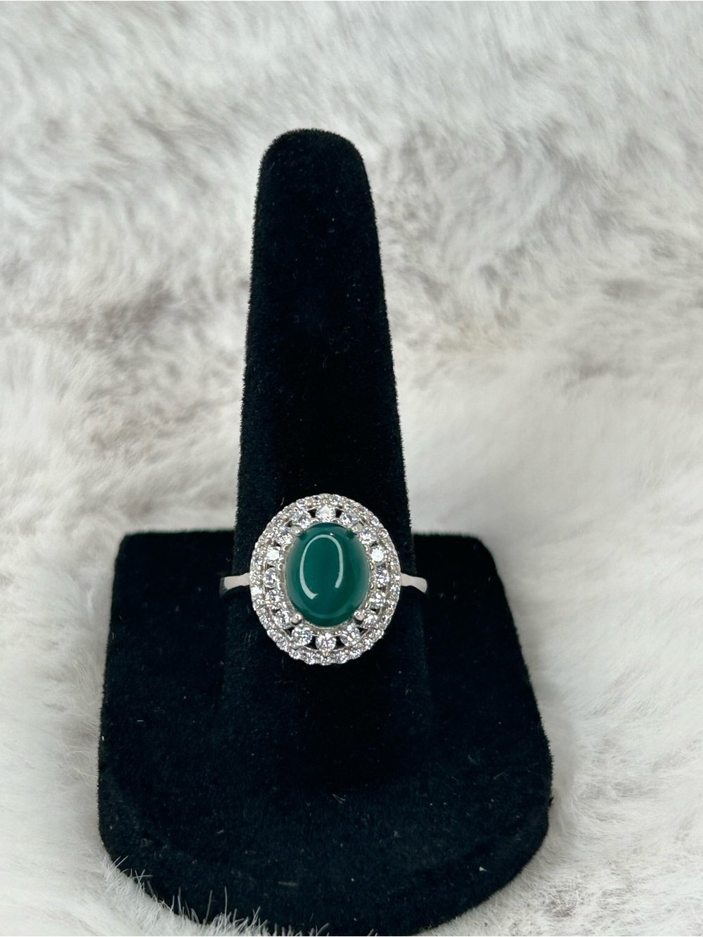 Size 7 green ring with AAA CZ halo 925 Sterling silver 2-24-0826SS